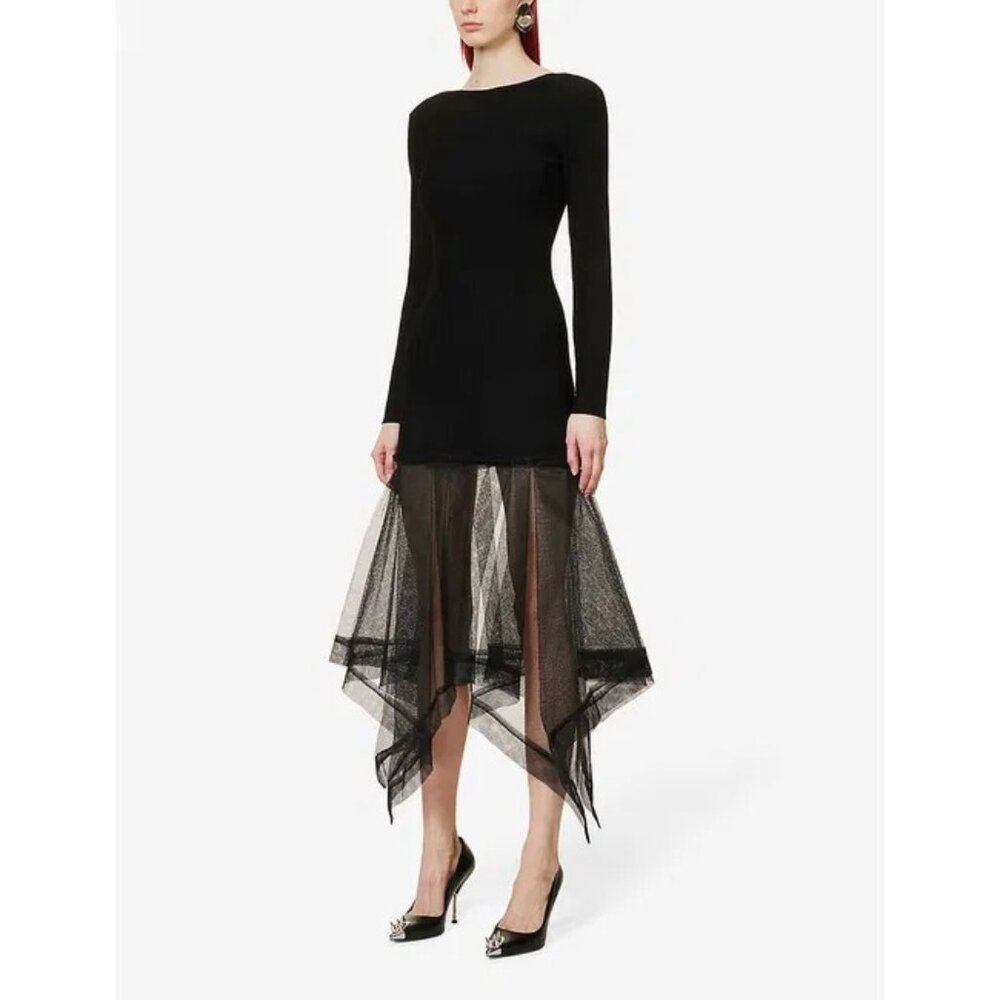 NWT $3800 Alexander McQueen Tulle Hem Asymmetric Volume Midi Dress Black Size M